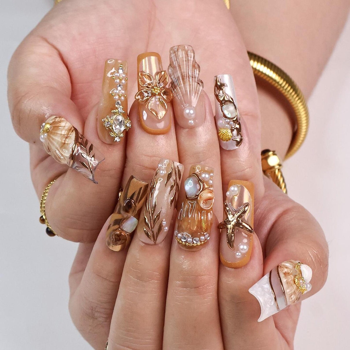 Seamyst Ocean-Inspired Press-On Nails – 3D Seashells, Pearls & Gold Details, Handmade Long Square Nails for Beach Lovers and Elegant Style