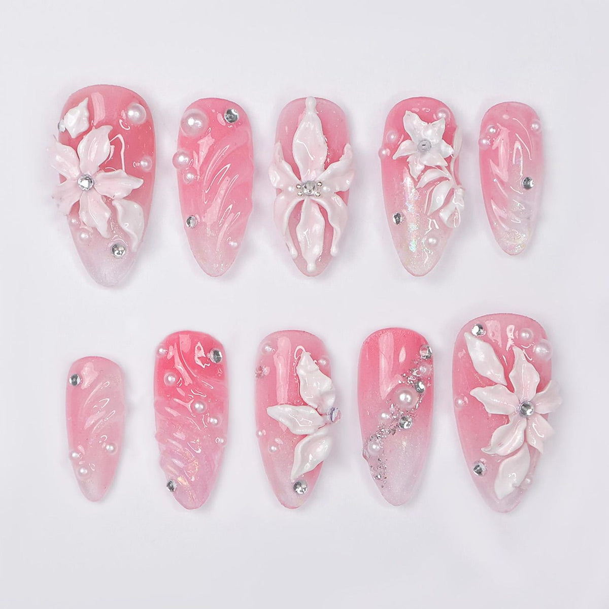 Press On Nails Blossoms with Pearl Accents | 3D Floral Fake Nails in Medium Almond | Handmade Bridal Nail Art for Wedding, Prom, Birthday