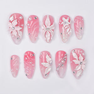 Press On Nails Blossoms with Pearl Accents | 3D Floral Fake Nails in Medium Almond | Handmade Bridal Nail Art for Wedding, Prom, Birthday