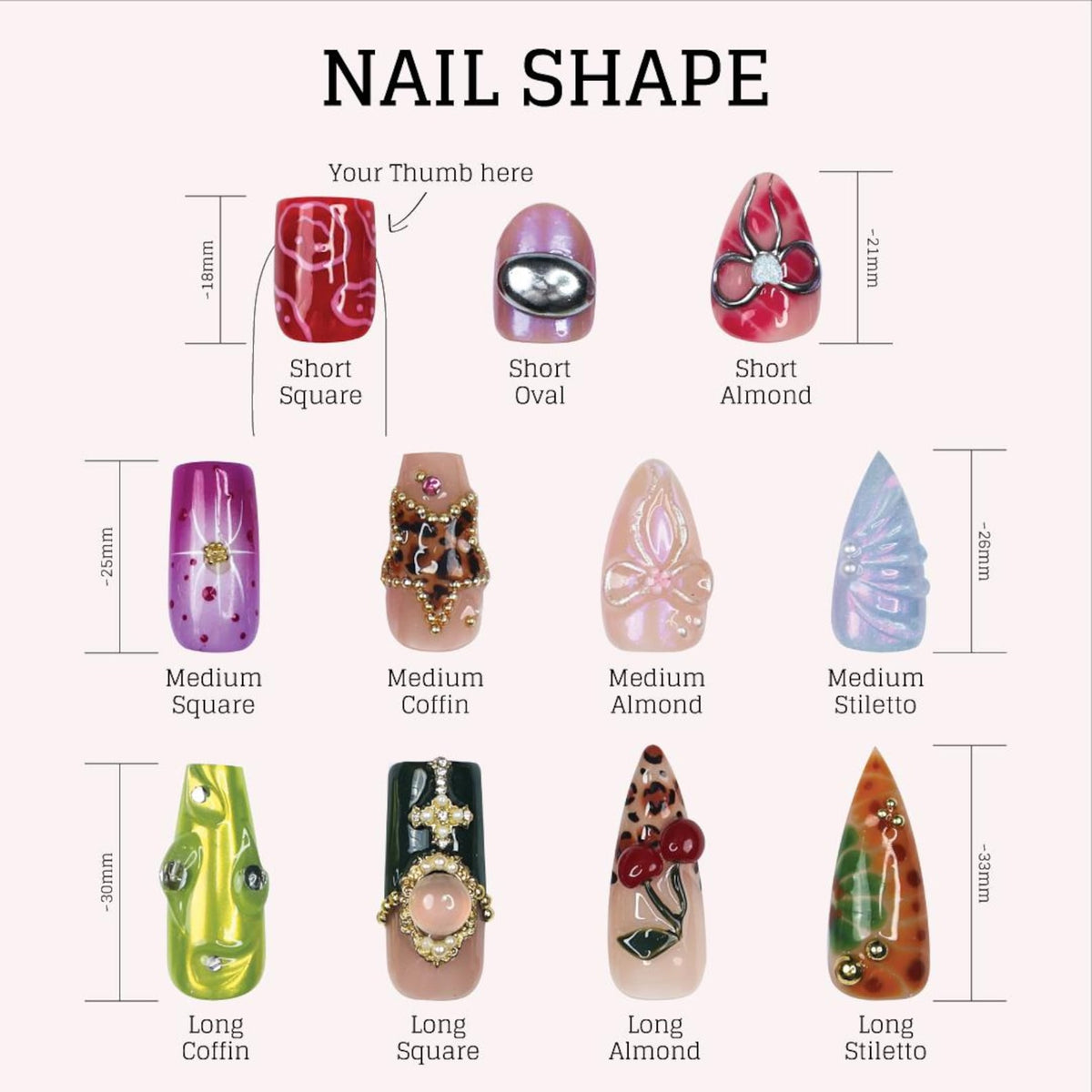 An illustration showcasing various nail shapes, including Short Square, Short Oval, and Short Almond, with approximate lengths in millimeters. Other shapes include Medium Square, Coffin, Almond, and Stiletto, plus Long Coffin, Square, Almond, and Sti
