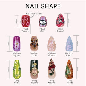 An illustration showcasing various nail shapes, including Short Square, Short Oval, and Short Almond, with approximate lengths in millimeters. Other shapes include Medium Square, Coffin, Almond, and Stiletto, plus Long Coffin, Square, Almond, and Sti