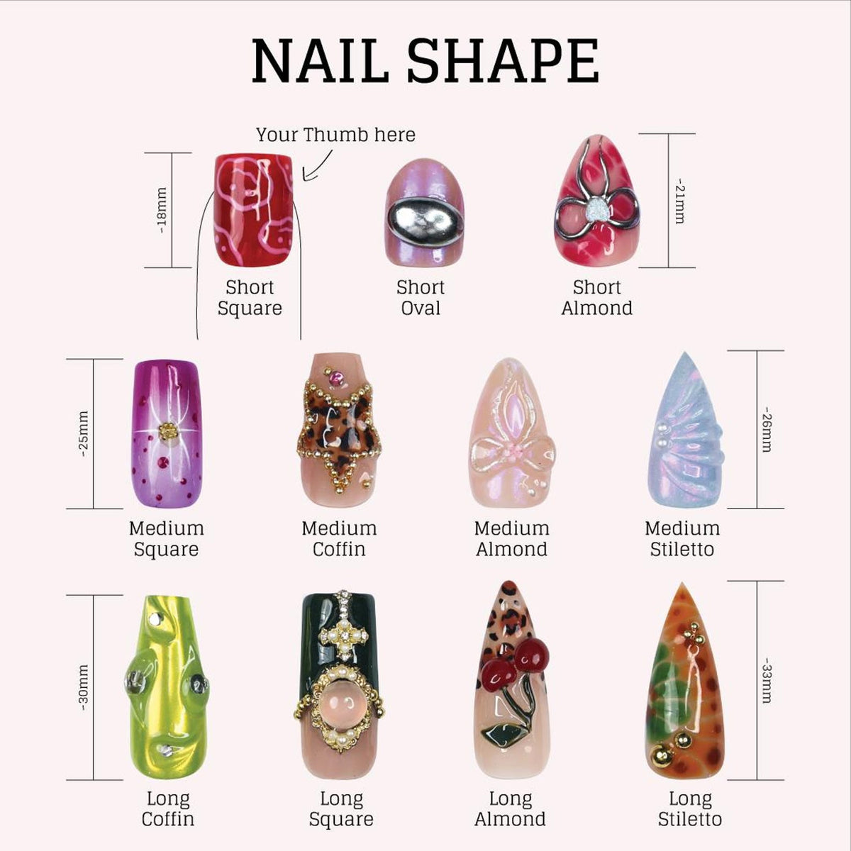 An illustration showcasing various nail shapes, including Short Square, Short Oval, and Short Almond, with approximate lengths in millimeters. Other shapes include Medium Square, Coffin, Almond, and Stiletto, plus Long Coffin, Square, Almond, and Sti
