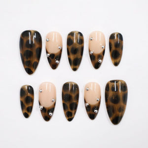 Press On Nails Tortoiseshell with Nude & Silver Accent | Fake Nail in Medium Almond | Handmade Fall Nail Art for Holiday, Vacation, Birthday