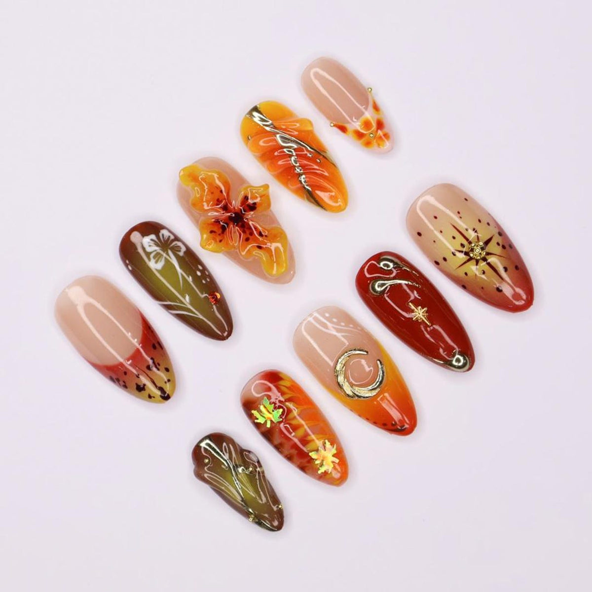Press On Nail Autumn Floral with Leaf & Gold Accent | 3D Fake Nail in Medium Almond | Handmade Fall Nail Art for Holiday, Vacation, Birthday