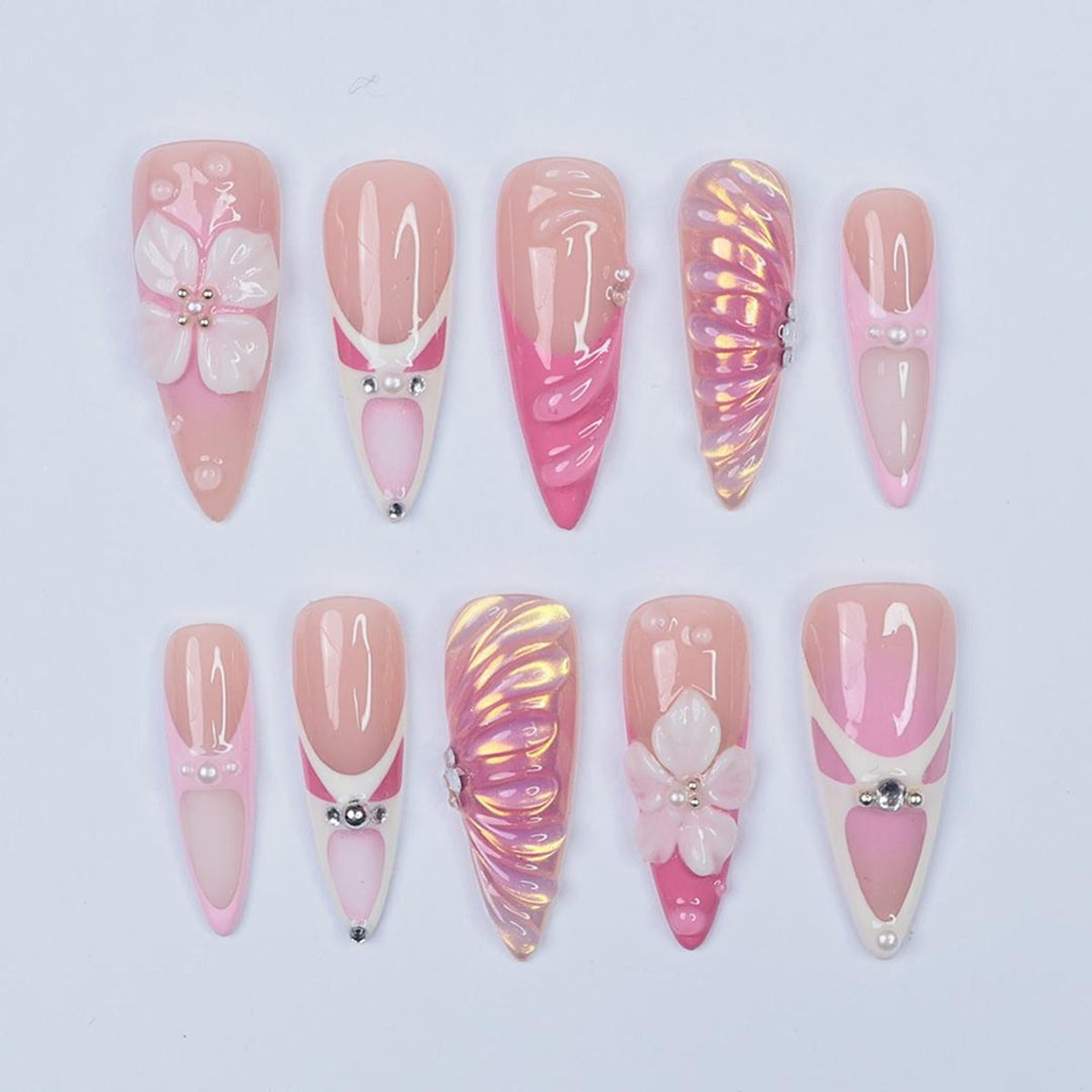 Press On Nails Roselle 3D Flowers & Iridescent Swirls | Pink Floral Fake Nails Long Almond | Handmade Elegant Nail Art for Wedding, Party