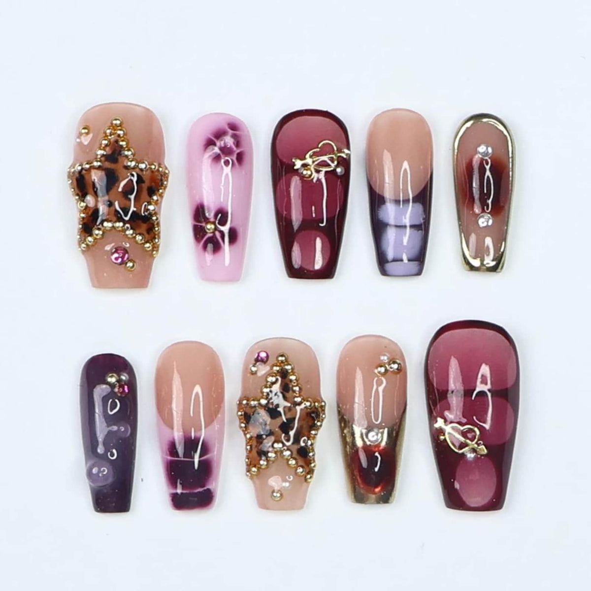 Press On Nails Starvenom Leopard Star & Gold Art | Bold Fake Nails Medium Coffin | Handmade Glamorous Nail Art for Party, Fashion, Event