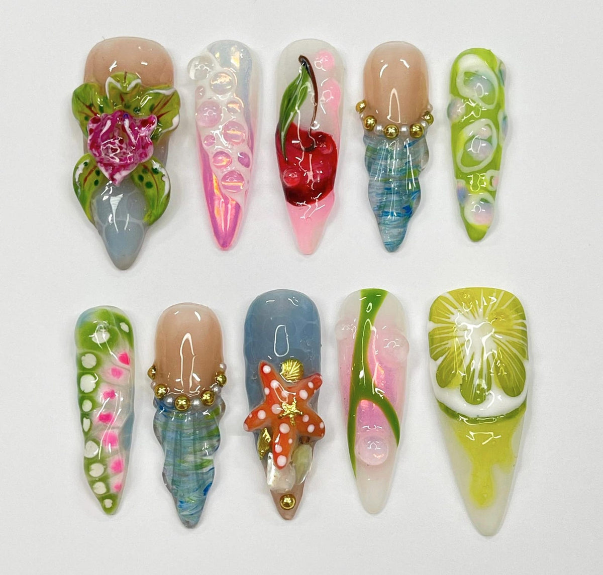Summer Press On Nail with Lime Cherry |Starfish & Mermaid Fake Nail in Long Almond | 3D Floral Nail Art for Beach Holiday Vacation