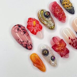 Press On Nails Sunset Bloom with Hibicus | 3D Floral Fake Nails in Medium Almond | Handmade Autumn Nail Art for Holiday, Vacation, Birthday