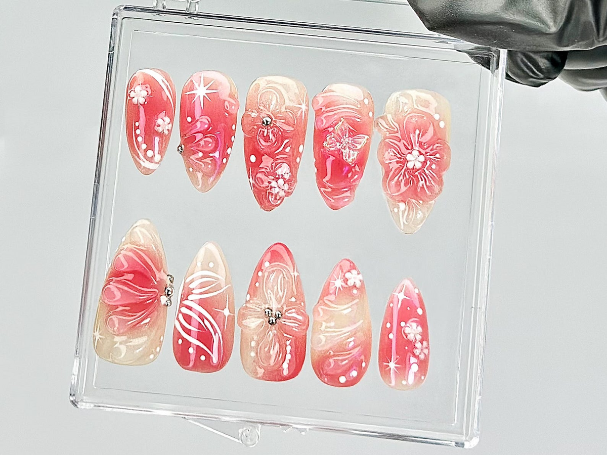 Blossom Spring Press On Nails By DoryNails |Sakura Pink Spring Fake Nails |Romantic Floral Acrylic Nails | Spring Inspired Nail Art |OB813YT