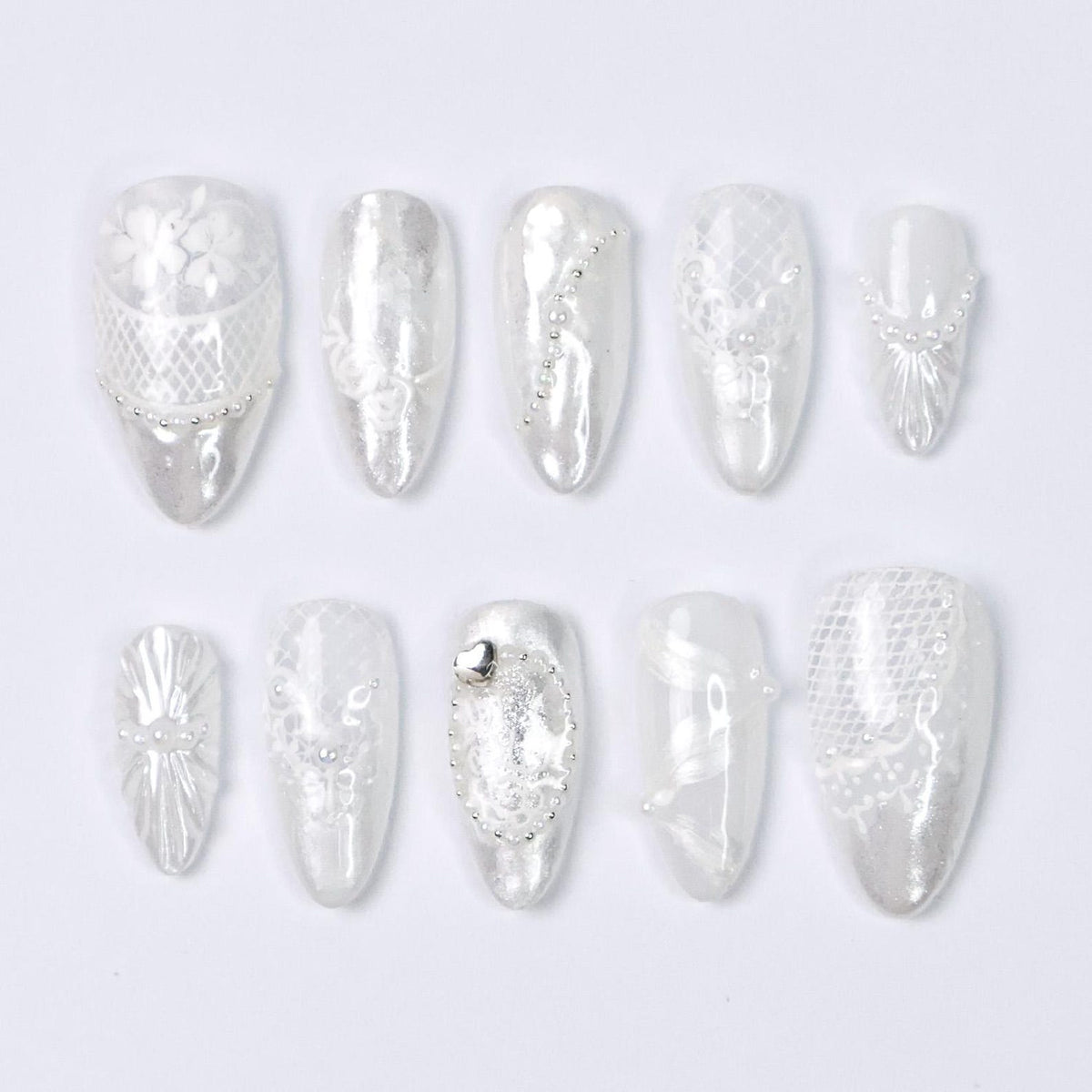 Press On Nails Lunaria with Lace Textures & Pearl | Iridescent Bridal Fake Nails in Almond Shape | Handmade Nail Art for Wedding, Holiday