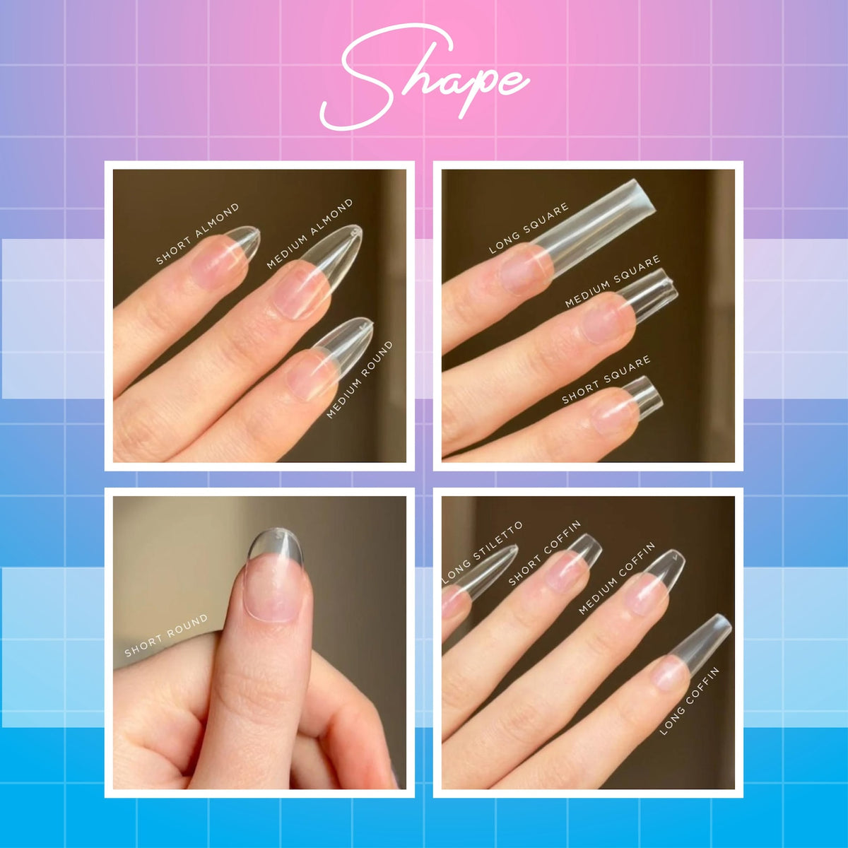 Image showcasing various nail shapes: short almond, medium almond, medium round, long square, medium square, short square, short round, long stiletto, short coffin, medium coffin, and long coffin. The