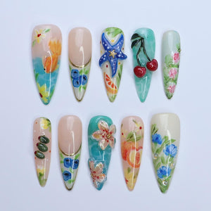 Summer Press On Nails Tropical Bloom with Ocean Treasures | 3D Fake Nails in Long Almond| Handmade Nail Art for Holiday, Vacation, Birthday