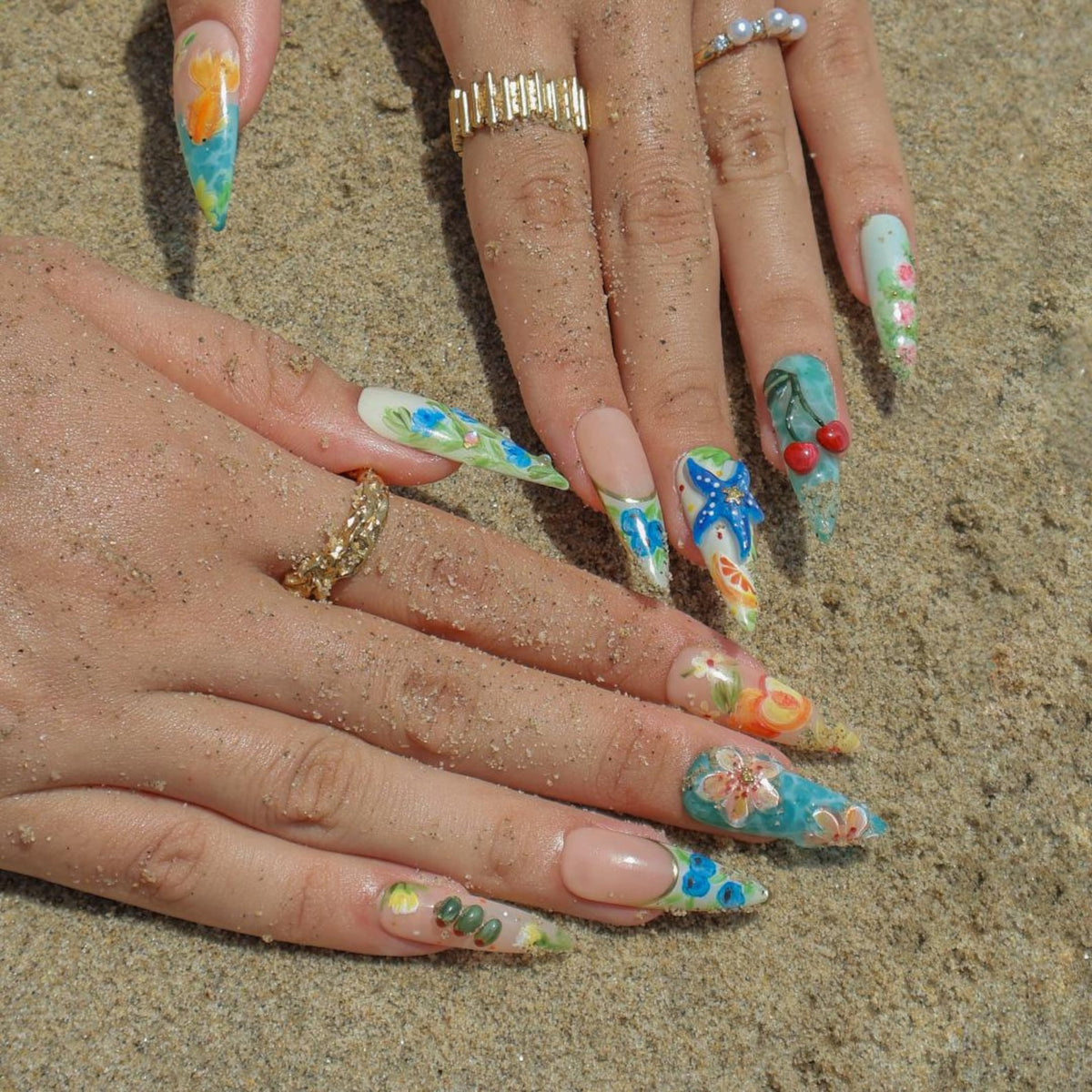 Summer Press On Nails Tropical Bloom with Ocean Treasures | 3D Fake Nails in Long Almond| Handmade Nail Art for Holiday, Vacation, Birthday