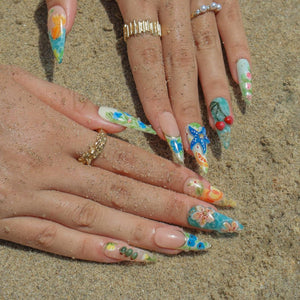 Summer Press On Nails Tropical Bloom with Ocean Treasures | 3D Fake Nails in Long Almond| Handmade Nail Art for Holiday, Vacation, Birthday