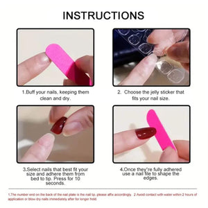 A four-step instructional guide for applying press-on nails. The steps include buffing with a pink nail file, selecting clear jelly adhesive stickers, applying dark red artificial nails, and filing the edges for a finished look.