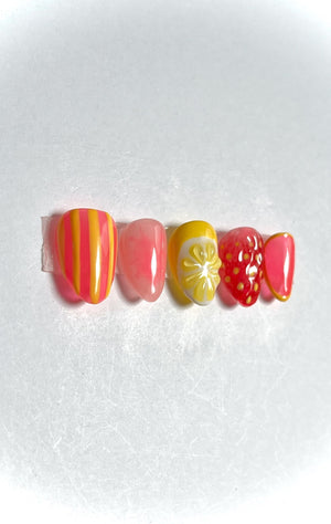 Pink Strawberry Lemonade Gel Press On Nails | Summer Press Ons | XShort to XLong Gel Nails | Fruit Nails | 3D Nail Art 2025