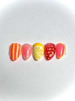 Pink Strawberry Lemonade Gel Press On Nails | Summer Press Ons | XShort to XLong Gel Nails | Fruit Nails | 3D Nail Art 2025