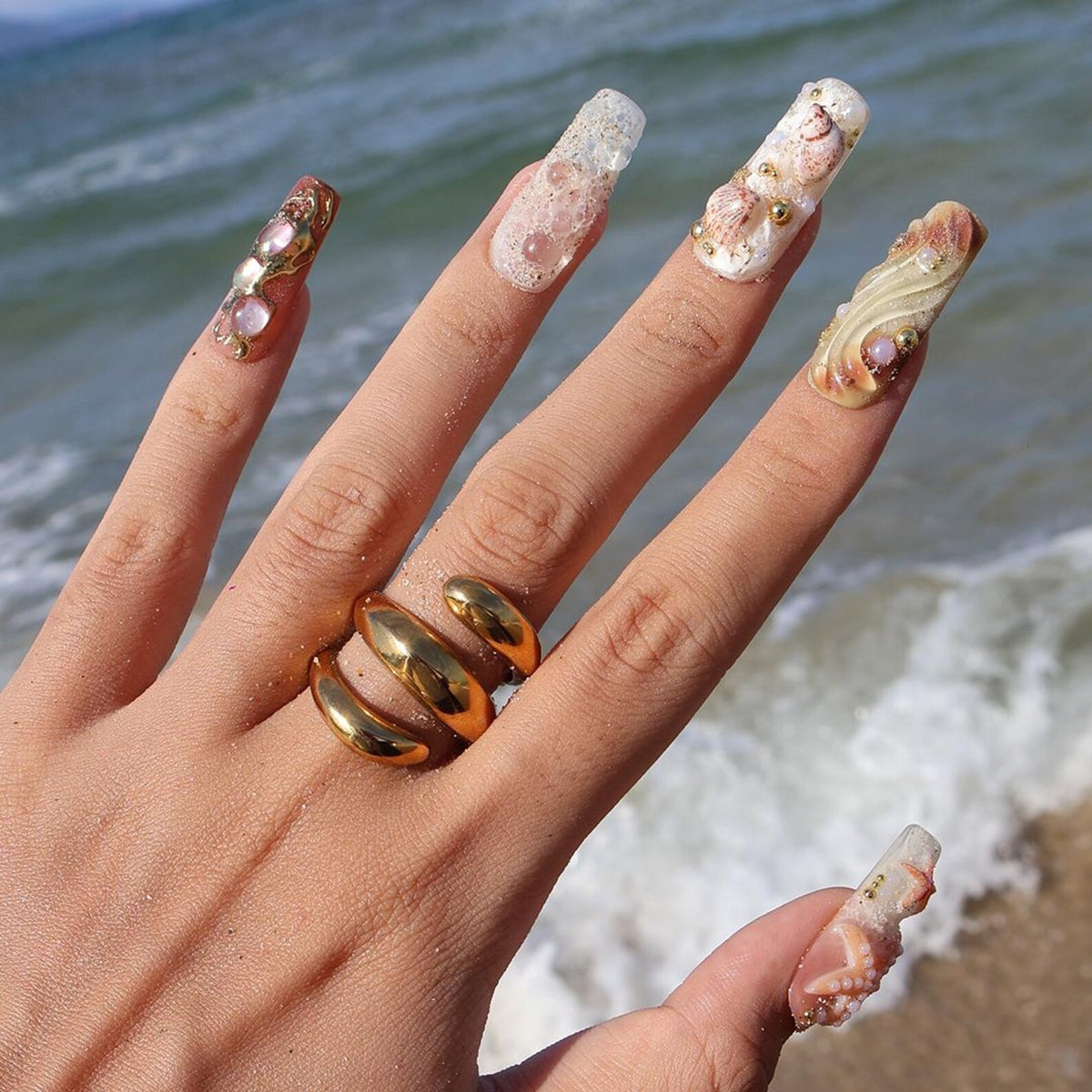 3D nude and white press on nails with seashells, starfish, pearls, and textured gel waves — custom press on nails, luxury handmade nail art, fake nails, false nails, pressons — perfect for summer vaca