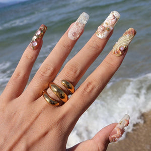 3D nude and white press on nails with seashells, starfish, pearls, and textured gel waves — custom press on nails, luxury handmade nail art, fake nails, false nails, pressons — perfect for summer vaca