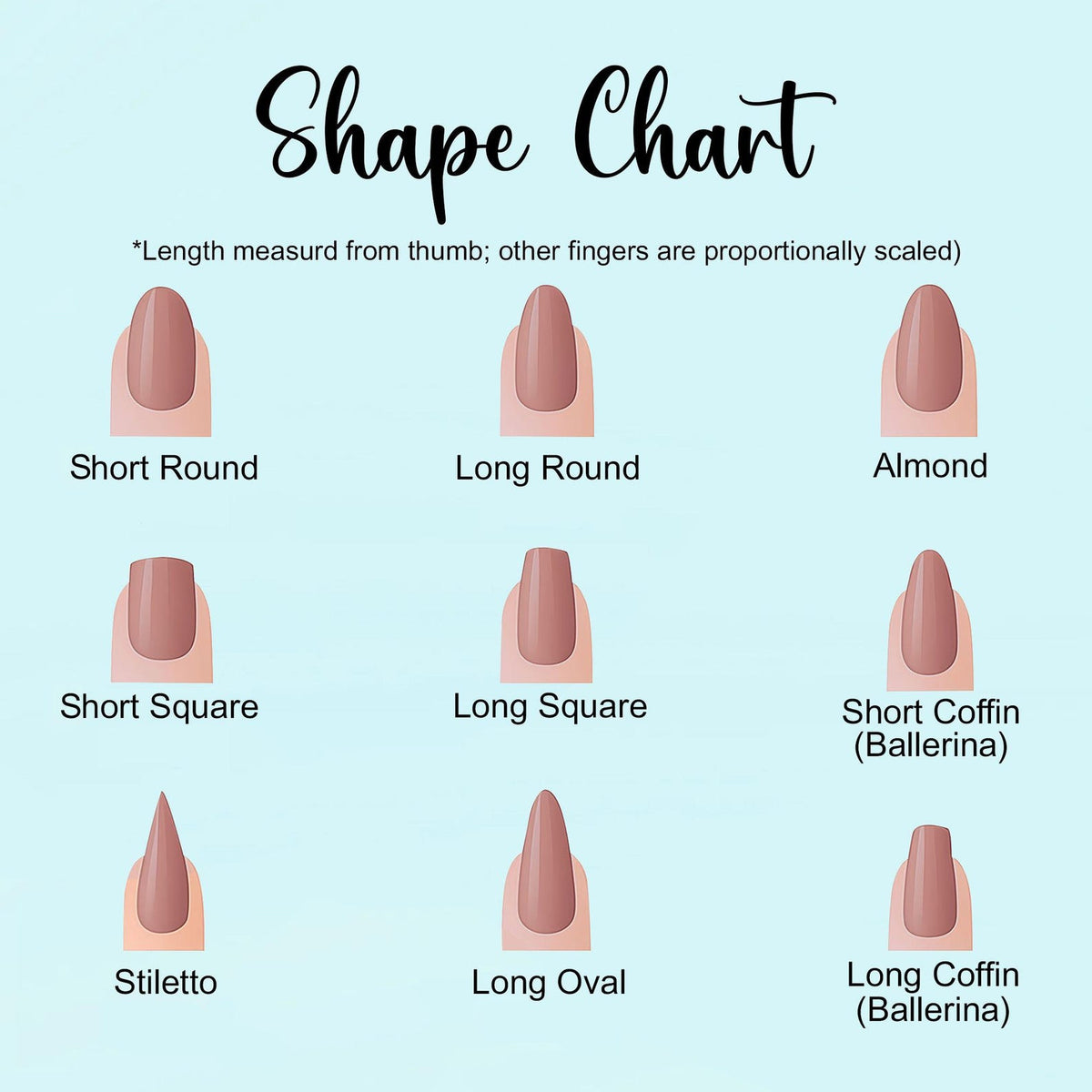 A nail shape chart with nine different nail shapes, including Short Round, Long Round, Almond, Short Square, Long Square, Short Coffin (Ballerina), Stiletto, Long Oval, and Long Coffin (Ballerina). Th