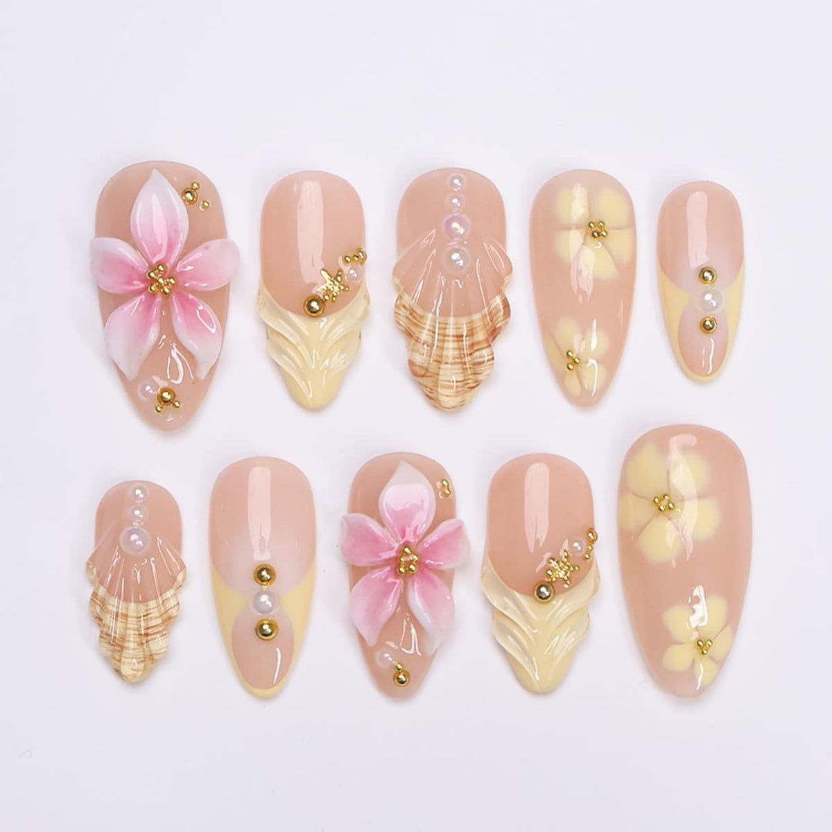 Summer Press On Nails with 3D Flowers and Seashell in Medium Almond, Trending Yellow Butter Mermaid Fake Nail for Holiday, Vacation or Beach