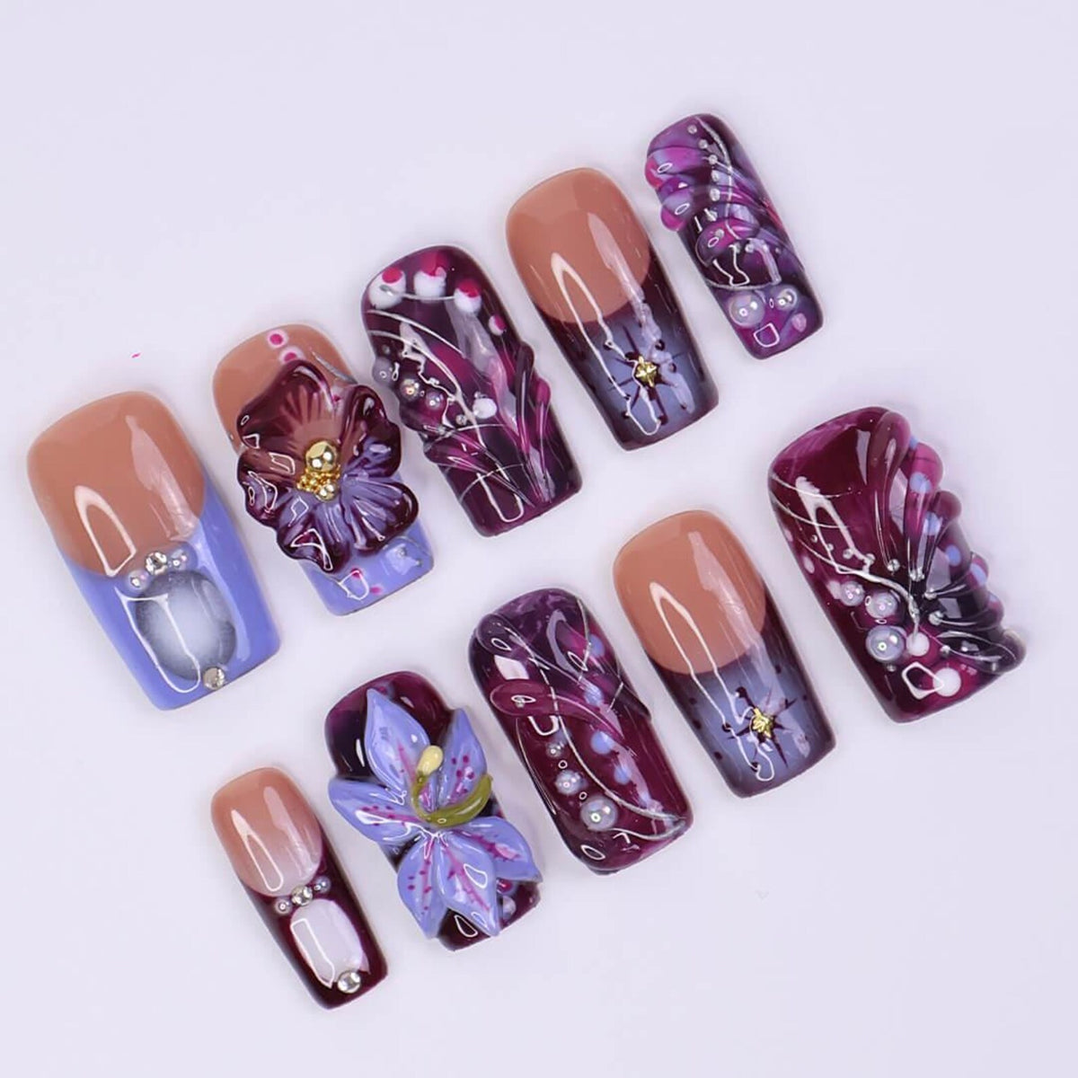 Fall Press on Nails with Deep Purple Flowers | 3D Handmade Fake Nails in Medium Square | Romantic Nail Art for Holiday, Vacation, Party