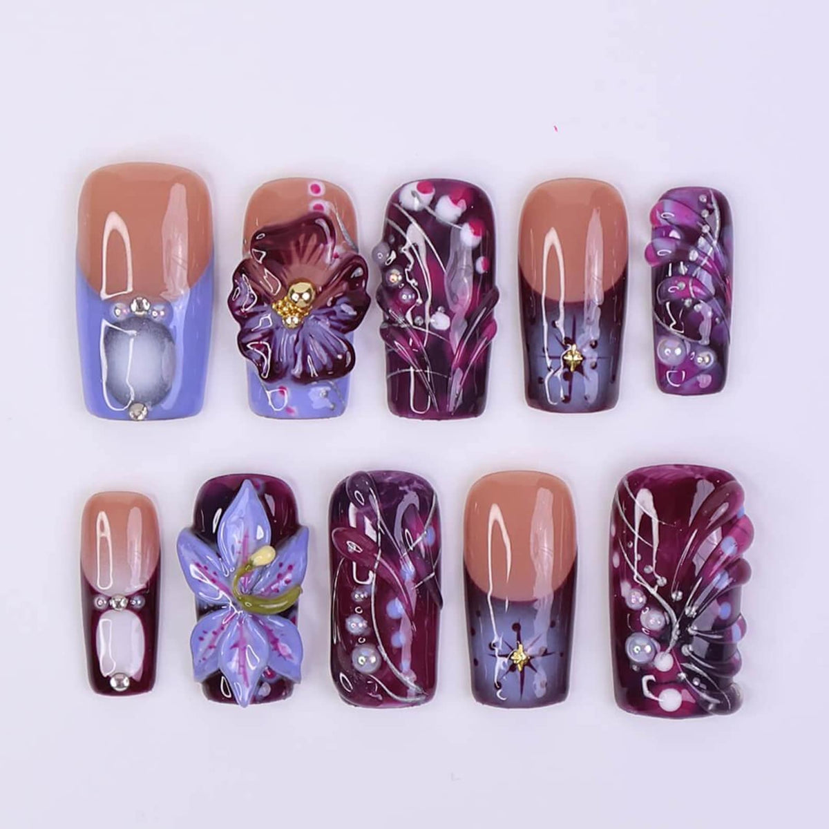 Fall Press on Nails with Deep Purple Flowers | 3D Handmade Fake Nails in Medium Square | Romantic Nail Art for Holiday, Vacation, Party