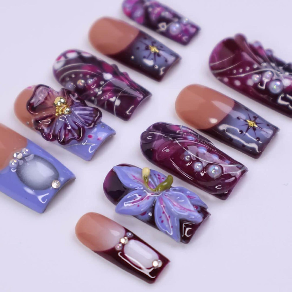Fall Press on Nails with Deep Purple Flowers | 3D Handmade Fake Nails in Medium Square | Romantic Nail Art for Holiday, Vacation, Party