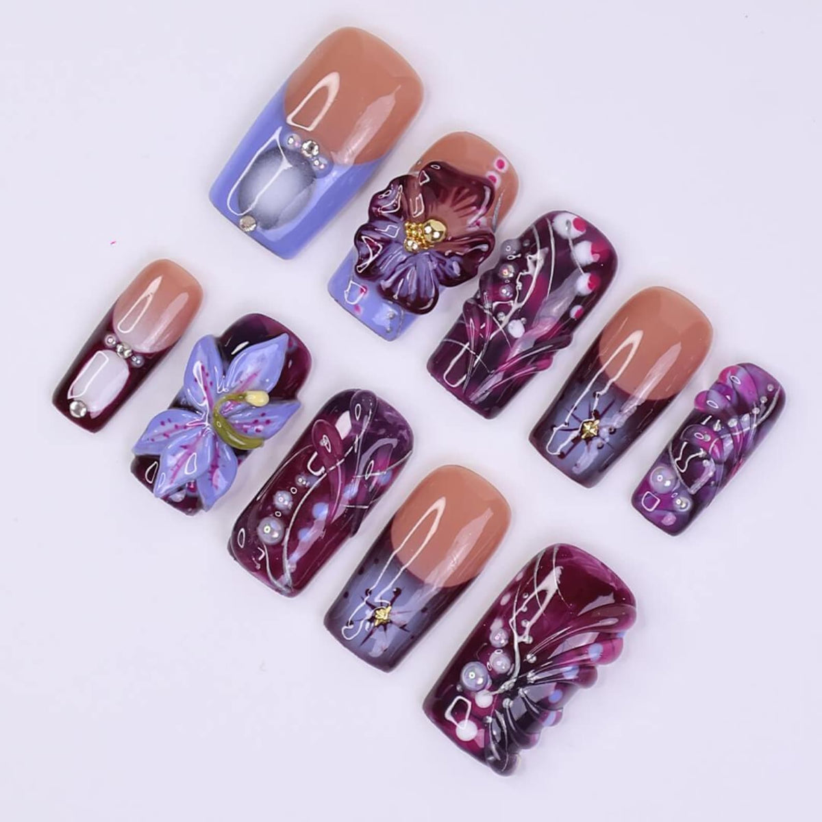 Fall Press on Nails with Deep Purple Flowers | 3D Handmade Fake Nails in Medium Square | Romantic Nail Art for Holiday, Vacation, Party