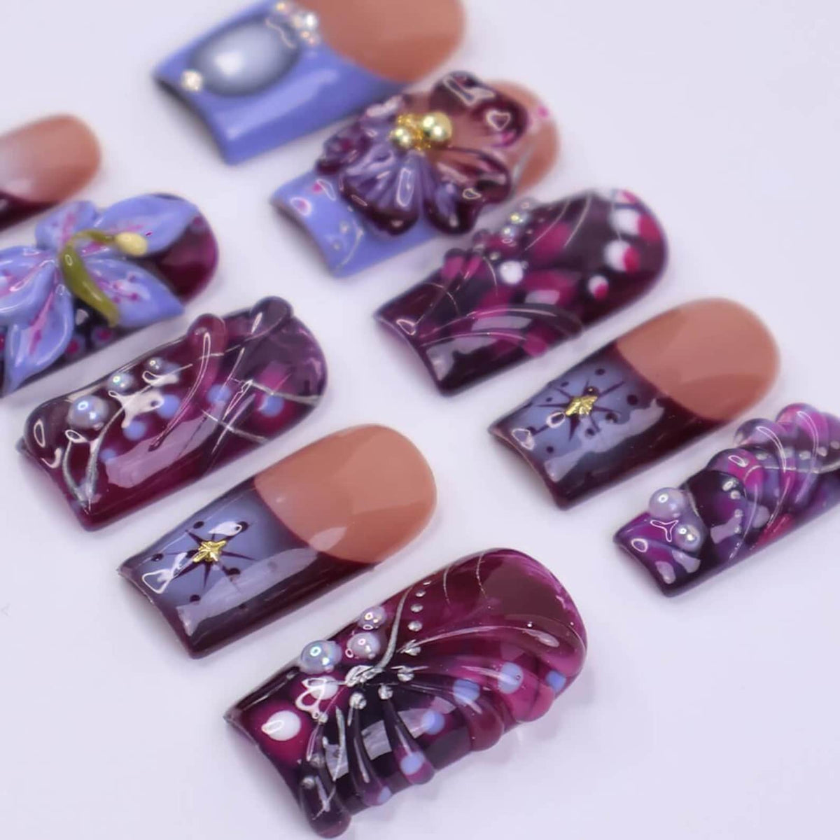 Fall Press on Nails with Deep Purple Flowers | 3D Handmade Fake Nails in Medium Square | Romantic Nail Art for Holiday, Vacation, Party
