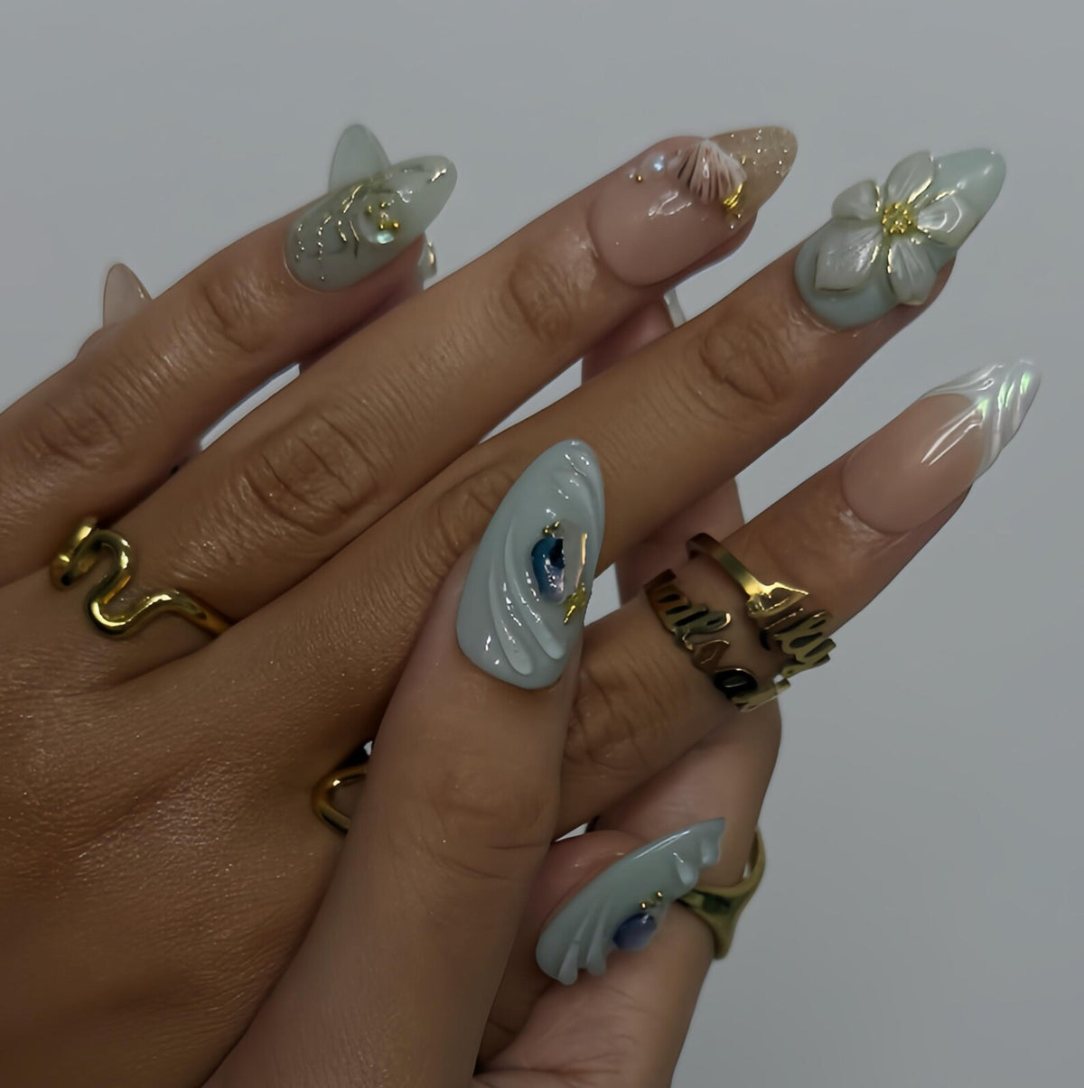 Summer Press on Nails with Mint Green Flower & Shell | 3D Fake Nails in Medium Almond | Handmade Ocean Nail Art for Holiday, Vacation, Party