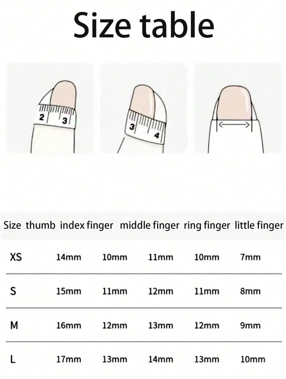 A white size table with the text "Size table" at the top. The table shows nail sizes in millimeters for different finger sizes, including thumb, index, middle, ring, and little finger. Sizes range from XS to L.