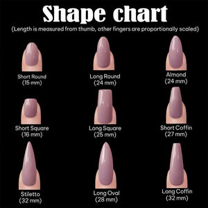 A nail shape chart on a black background, displaying nine different nail shapes. The chart includes Short Round (15 mm), Long Round (24 mm), Almond (24 mm), Short Square (16 mm), Long Square (25 mm), Short Coffin (27 mm), Stiletto (32 mm), Long Oval 