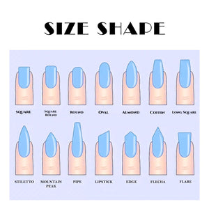 An illustration displaying various nail shapes, including square, round, oval, almond, coffin, and stiletto. Each nail is painted blue and shown on a finger. The text "SIZE SHAPE" is at the top.