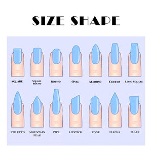 An illustration displaying various nail shapes, including square, round, oval, almond, coffin, and stiletto. Each nail is painted blue and shown on a finger. The text "SIZE SHAPE" is at the top.