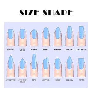 An illustration displaying various nail shapes, including square, round, oval, almond, coffin, and stiletto. The image also shows mountain peak, pipe, lipstick, edge, flecha, and flare nail shapes. The text "SIZE SHAPE" is at the top.