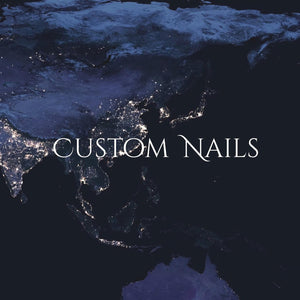 Dark blue background with a map of the world, illuminated with city lights. The words "CUSTOM NAILS" are written in white, elegant script across the image. The overall theme suggests nail art services.