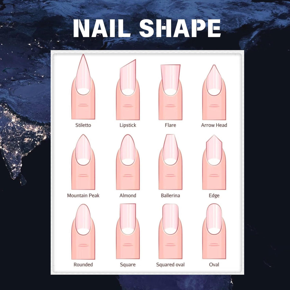 An illustration of various nail shapes, including Stiletto, Lipstick, Flare, Arrow Head, Mountain Peak, Almond, Ballerina, Edge, Rounded, Square, Squared Oval, and Oval. The text "NAIL SHAPE" is at the top.