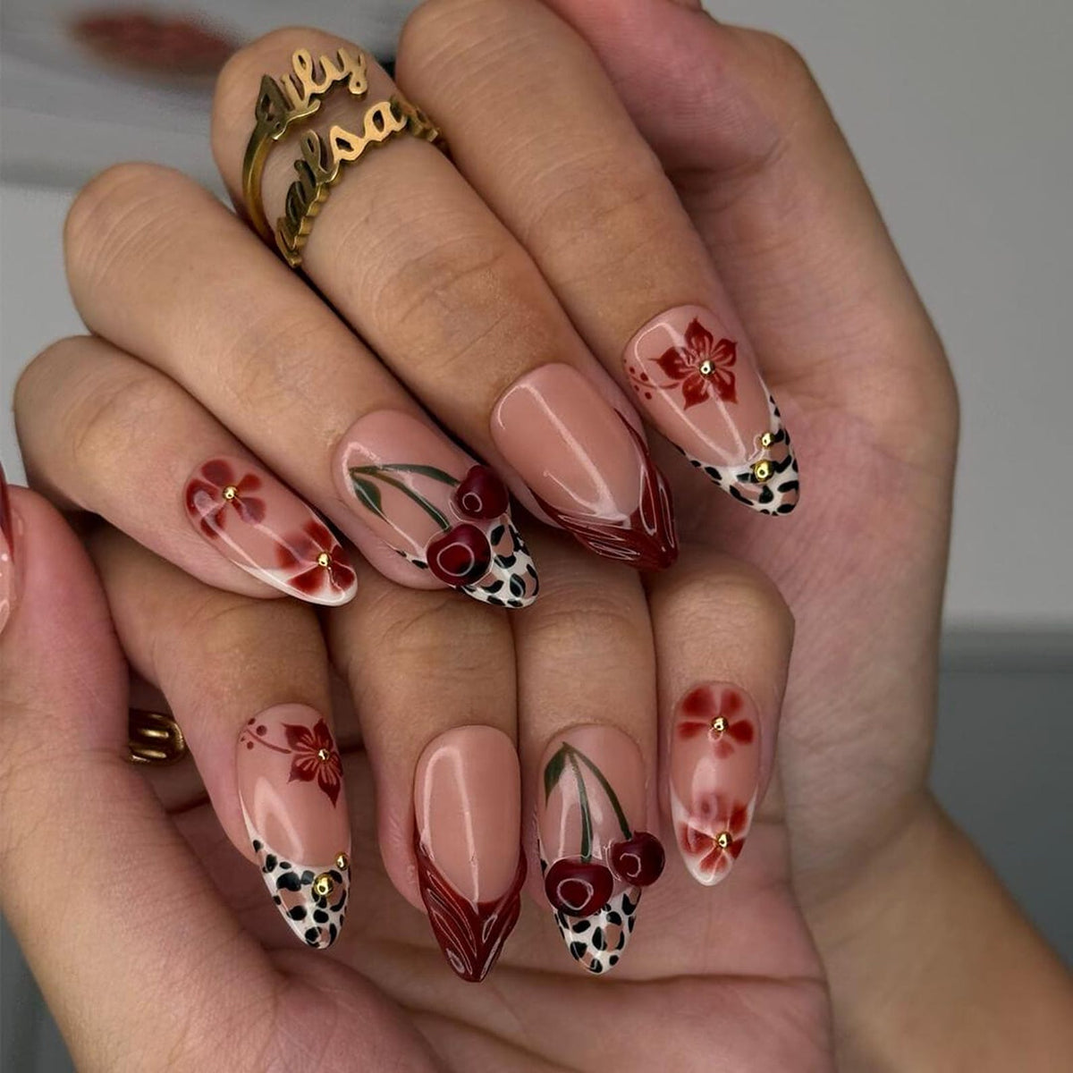 Autumn Press On Nails with Cherries & Leopard Print | 3D Floral Fake Nails in Medium Almond | Handmade Nail Art for Fall Look, Party, Gift