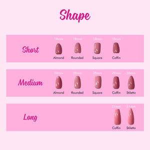 The image is a pink-themed nail shape chart that provides a visual guide for different nail shapes, ranging from short to long.