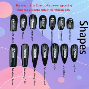 A collection of black artificial nails in various shapes and sizes, including almond, square, and stiletto. The image displays nail lengths from 14mm to 30mm, with text indicating the nail shapes and sizes for reference. The background is a gradient 