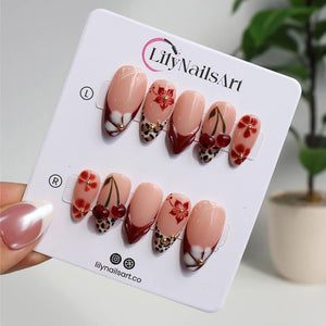 Autumn Press On Nails with Cherries & Leopard Print | 3D Floral Fake Nails in Medium Almond | Handmade Nail Art for Fall Look, Party, Gift