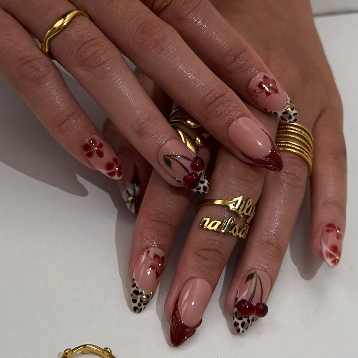 Autumn Press On Nails with Cherries & Leopard Print | 3D Floral Fake Nails in Medium Almond | Handmade Nail Art for Fall Look, Party, Gift
