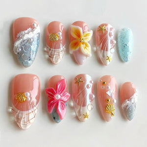 Tropical Beachy Press On Nails, Summer Ocean Nails, 3D Flower Art, Seashell Nail Set, Beach Vibes, Mermaid Inspired R8MMM image 1
