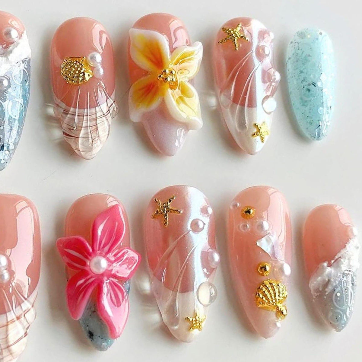 Tropical Beachy Press On Nails, Summer Ocean Nails, 3D Flower Art, Seashell Nail Set, Beach Vibes, Mermaid Inspired R8MMM image 3