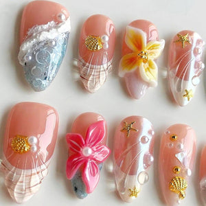 Tropical Beachy Press On Nails, Summer Ocean Nails, 3D Flower Art, Seashell Nail Set, Beach Vibes, Mermaid Inspired R8MMM image 4