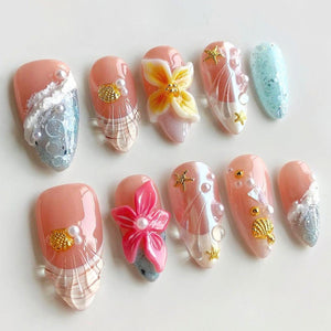 Tropical Beachy Press On Nails, Summer Ocean Nails, 3D Flower Art, Seashell Nail Set, Beach Vibes, Mermaid Inspired R8MMM image 5