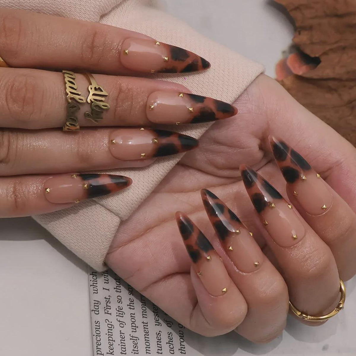Tertoise Brown Leopard French Tip On Milky White Long Stiletto Press On Nails,  Gold Diamond Luxury Acrylic Fake Nail Art, Autum Nails