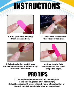 Image showing nail application instructions. Steps include buffing nails, selecting jelly stickers, applying nails, and shaping edges. Text also provides pro tips for application and care.