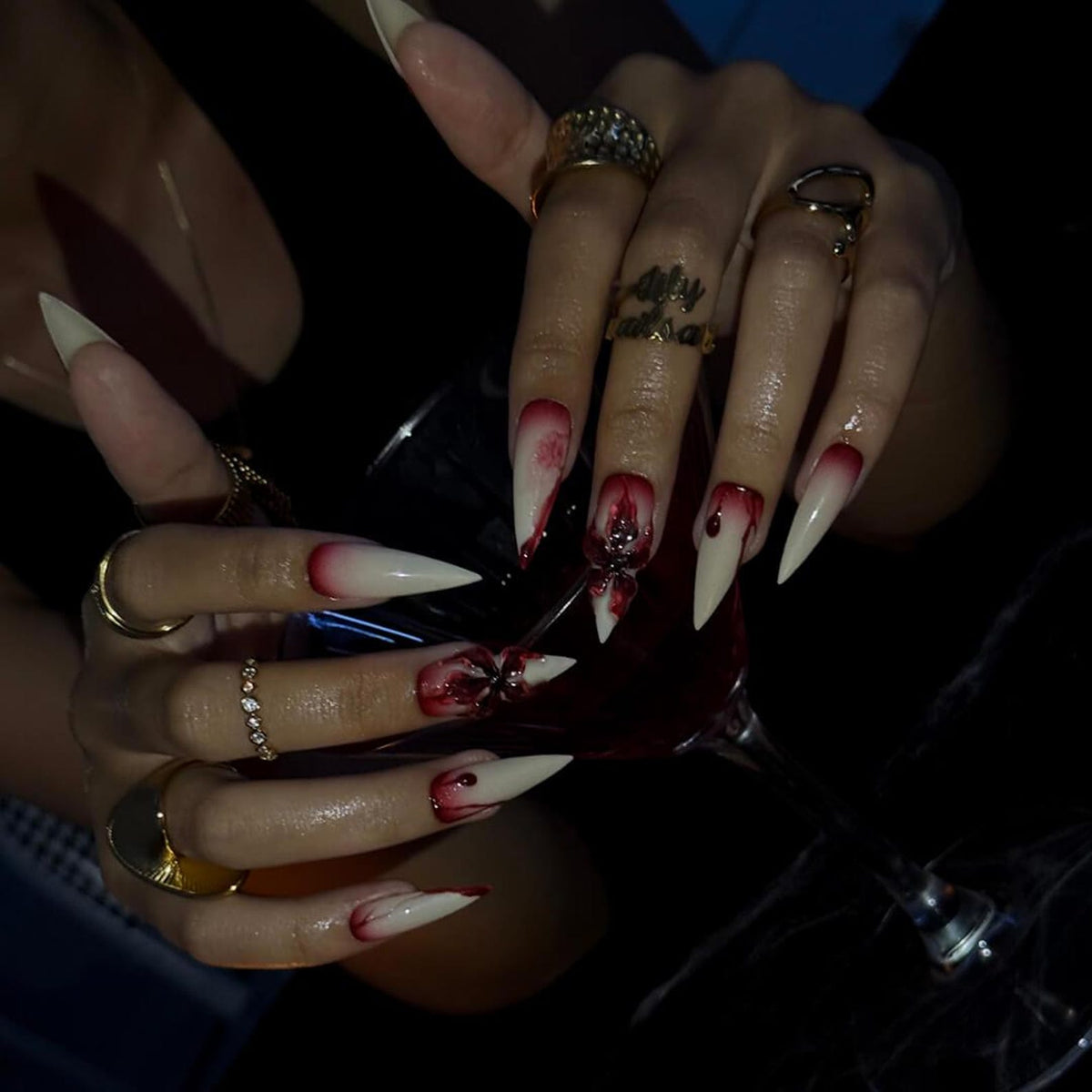 Halloween Blood Drip Press On Nails With 3D Flower | Long Stiletto Fake Nails in Red & Nude | Spooky Handmade Nail Art for Parties, Costumes